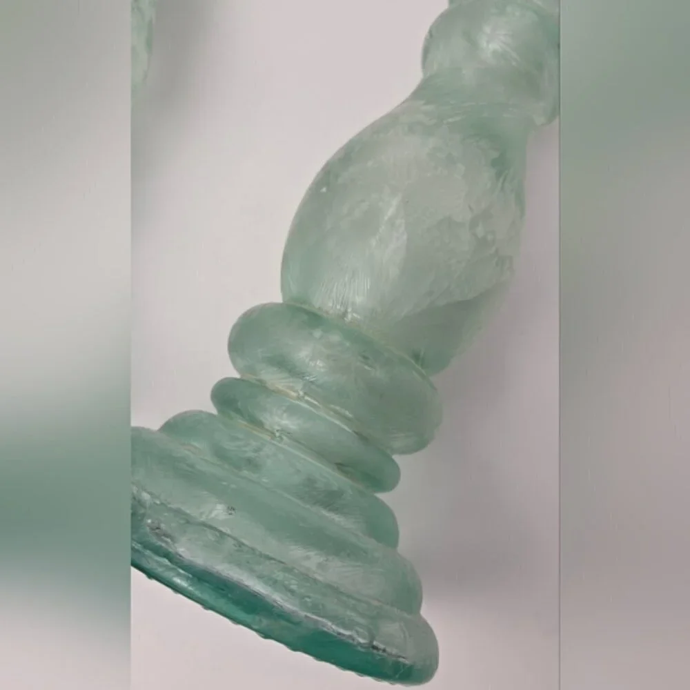 Spanish Recycled Green Glass Candlesticks Set 8” Vintage Style Pair